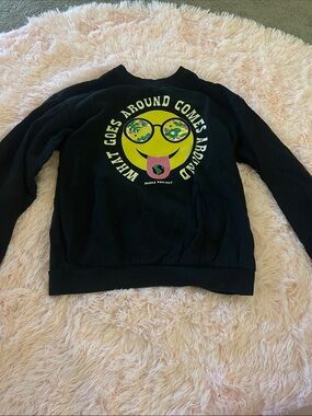 Black Graphic Sweatshirt with Yellow Smiley Design